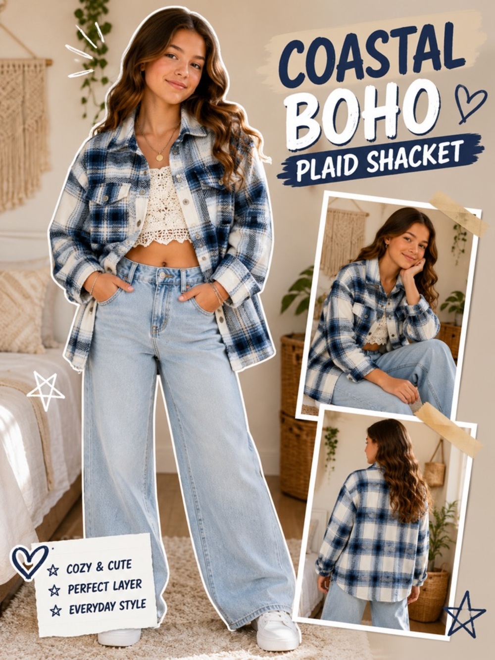 Coastal Boho Blue Plaid Shacket